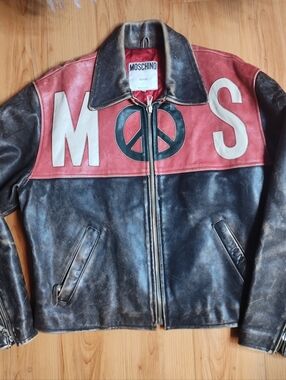 Moschino Leather Peace Sign Biker Jacket - Black & Red Sz M IT 48